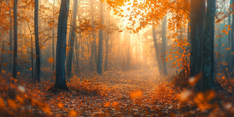 Fototapeta premium Golden Hour in Autumn Forest: Misty Summer Serenity
