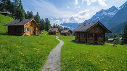 Fototapeta premium Charming Swiss Chalet Village in the Alps