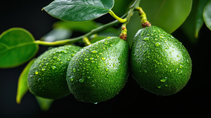 Fresh avocados with droplets of water on a branch against a dark background, showcasing vibrant green color and healthy foliage