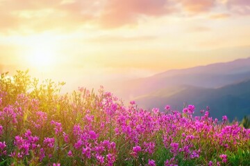 Fototapeta premium In the background is Santis, a rocky peak, and wild flowers on Schafler were in bloom, Appenzell Innerrhoden were in bloom,
