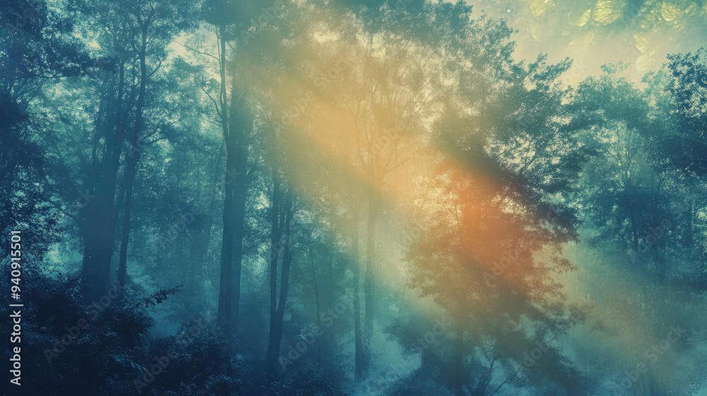 Poster Enchanting forest scene with soft sunlight piercing through misty trees, creating a serene and magical atmosphere.