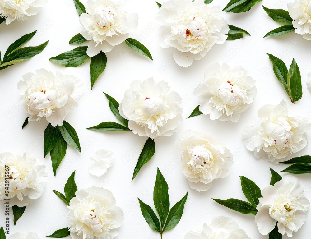 Poster arrangement of three white peonies and leaves on white background. top view with copy space.