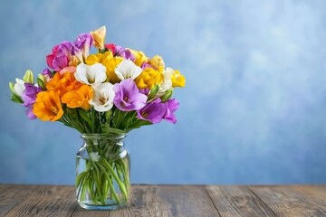 Fototapeta premium Freesia flowers in a glass vase on a table