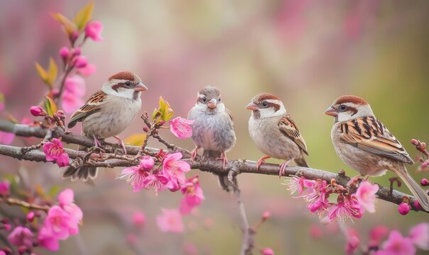Against a natural background, a sparrow with little chicks sits on a wooden fence in the village garden surrounded by yab flowers.