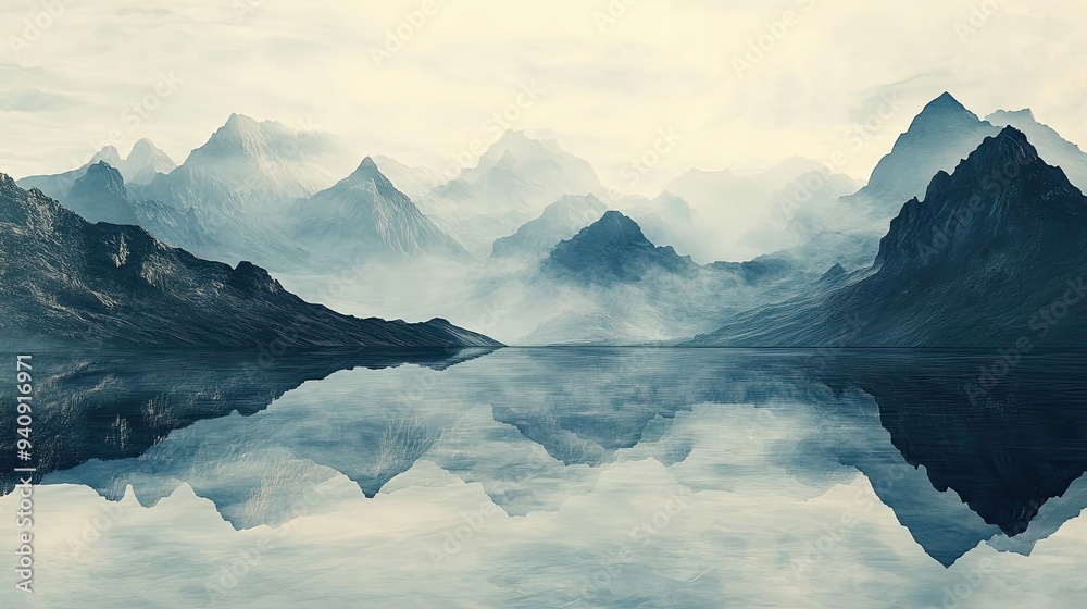 Aufkleber a serene mountain landscape reflecting on calm water, shrouded in mist, creating a tranquil and atmo