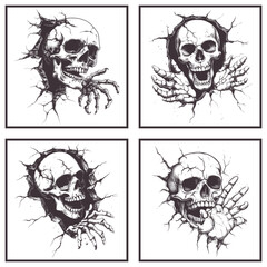 Skull and hand breaking through wall on white background