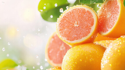 Freshly cut grapefruits with droplets of water on a blurred green background, showcasing vibrant colors and textures