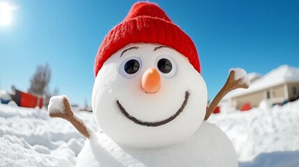 Obraz premium A snowman with a red hat and a smile on his face. The snowman is standing in the snow and he is happy