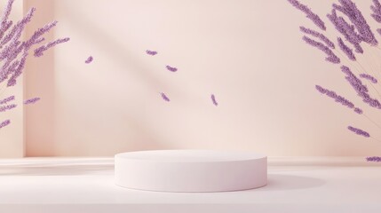 A minimalist product display podium with lavender leaves floating behind it, offering a calm and refreshing aesthetic.