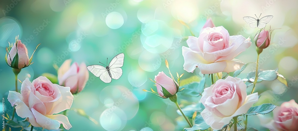 Poster a mysterious spring floral banner with blooming roses and flying butterflies on a blurred background