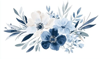 Floral clipart with navy blue flowers. Suitable for invitations, greeting cards, wall art, etc. A bouquet of roses is painted in a large arrangement against a white background.