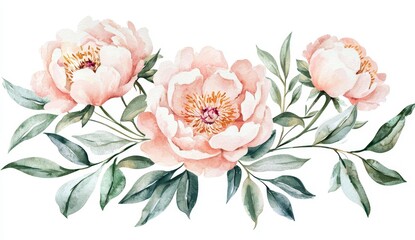 Floral clip art featuring dusty pink peonies watercolor. This design is ideal for printing on invitations, cards, wall art and more. Isolated on white background. Hand painted design.