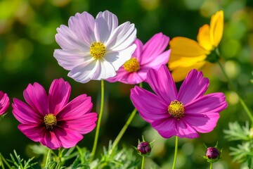 Obraz premium On a nature background, pink cosmos flowers are blooming in the garden