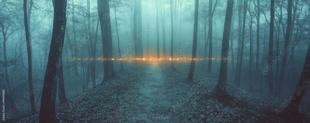 Poster serene forest scene shrouded in mist, with a mysterious glow illuminating the path, inviting explora