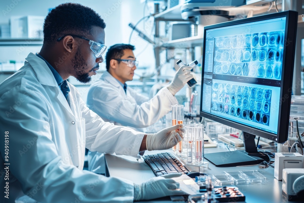 Poster a scientist works in the lab with students. a doctor trains interns on how to analyze blood. concept