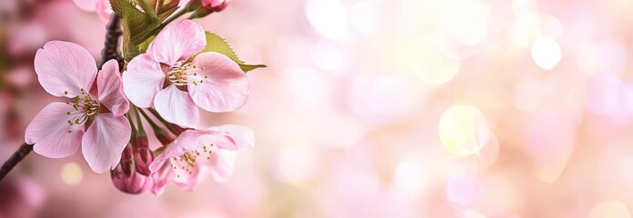 Obraz premium Spring cherry blossom blooming against a blurred garden banner background of greens, blues, and whites in a natural sunny springtime setting.