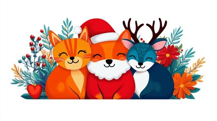Fototapeta premium Three animals, a cat, a deer and a rabbit, are sitting together in a flowery background