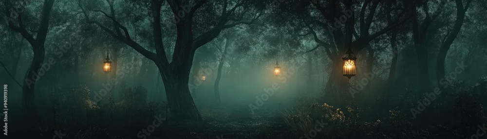 Poster A mystical forest at night, shrouded in fog with glowing lanterns illuminating the path through the eerie trees.