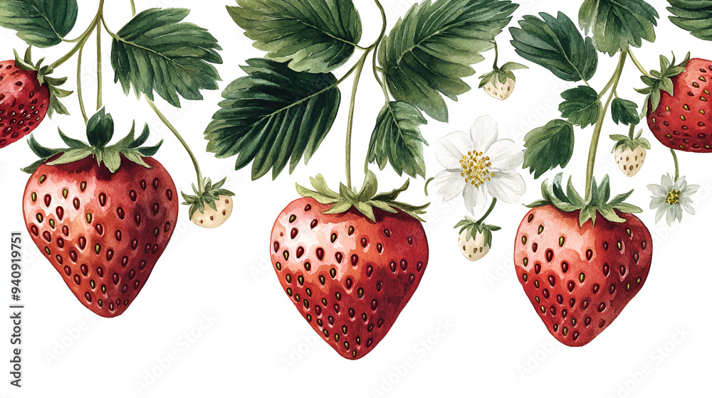 Canvas Prints Freshly Picked Watercolor Strawberries - Perfect for Summer Recipes