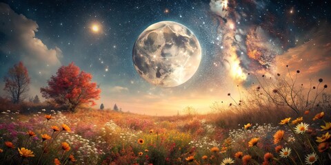 Autumnal fantasy scene with full moon, Milky Way, wild flowers, and vintage hues , retro, fantasy, autumn
