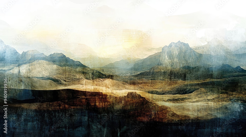Poster Abstract mountain landscape with mist and soft colors, creating a serene and dreamy atmosphere for artistic projects.