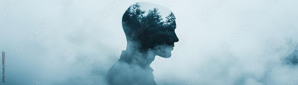 Poster A surreal depiction of a head silhouette blended with nature, evoking introspection and connection with the environment.