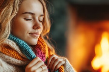 Cozy Gen Z Woman Knitting Colorful Scarf by Fireplace - Enjoying Digital Detox Hobby