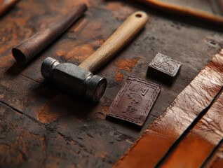 Obraz premium A Leatherworking Bench with a Hammer, Stamps, and a Half-Finished Leather Piece Arranged