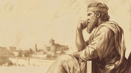 Fototapeta premium Solomon Reflecting on His Achievements in His Later Years in 2 Chronicles, With Temple and Palace in the Distance, Biblical Illustration for Spiritual Reflection, Beige Background