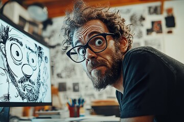 a cartoonist creating humorous characters with bold lines in ink