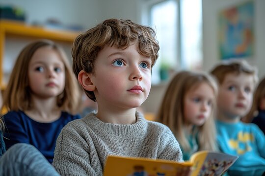 a class of children attentively listening to a story being read aloud