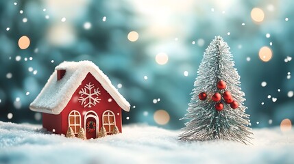 Fototapeta premium A miniature red house with a snowy roof and a small Christmas tree with red ornaments in a snowy scene.