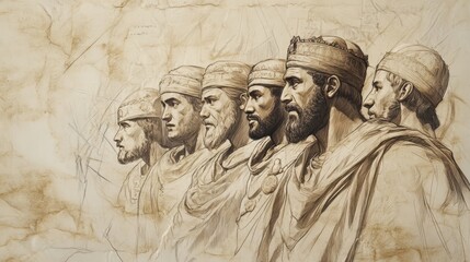 Fototapeta premium Rehoboam’s Young Advisors Realize Their Mistake in 2 Chronicles, Watching the Kingdom Crumble, Biblical Illustration for Faith-Based Reflection, Beige Background