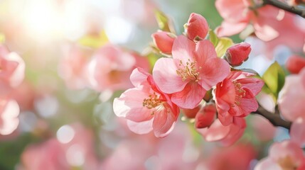 A tight shot of a pink blossom on a tree Sun filters through the foliage, illuminating flowers behind