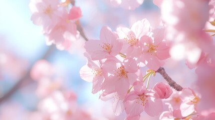 Obraz premium A tight shot of numerous pink blooms adorning a tree against a blue backdrop