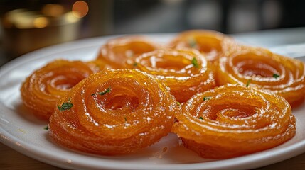 A plate of freshly made Jalebi with a contemporary twist in plating, highlighting the sweetness and texture.