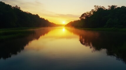 Fototapeta premium Serene river at sunset with trees lining the horizon and golden light reflecting on the still water.