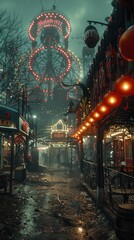 Fototapeta premium Spooky Carnival with Creepy Clowns and Flickering Lights
