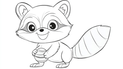 Obraz premium Cute cartoon raccoon holding a ball, outlined in black and white.
