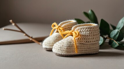 flat lay crochet baby booties isolated in a cozy background