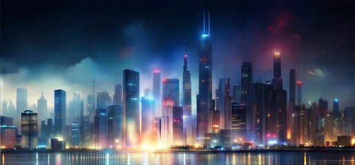 Fototapeta premium Vibrant Night Cityscape with Blurred Illuminations Reflecting on Water - Modern Urban Skyline for Posters and Designs