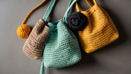 flat lay crochet bags isolated in a cozy plain background