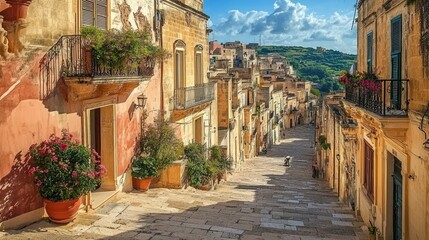 Obraz premium A serene afternoon in Ragusa Ibla, with sunlight illuminating the town's historic facades and quiet squares.