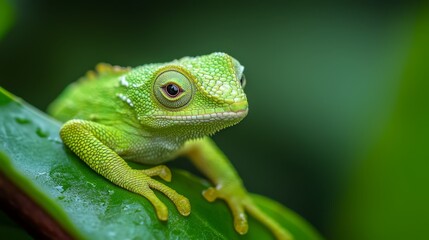 Obraz premium A tight shot of a green-yellow lizard perched on a wet leaf, adorned with water droplets