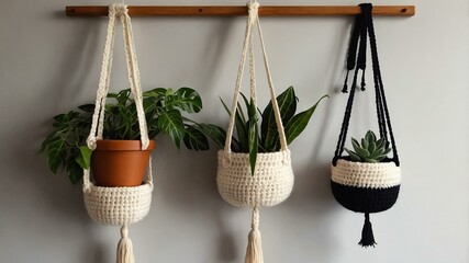 flat lay crochet plant hangers in a cozy plain background