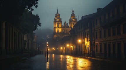 Fototapeta premium A serene night shot of Santiago de Compostela Cathedral, veiled in mist and illuminated by faint streetlights after the rain.
