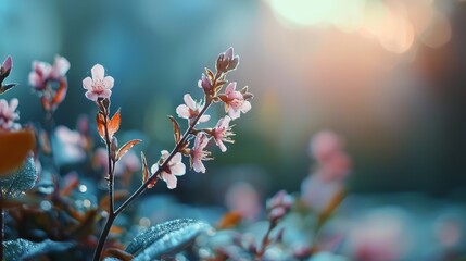  A flower, its petals in focus, sits atop a plant Water droplets glisten on leaves beneath Sun casts light behind