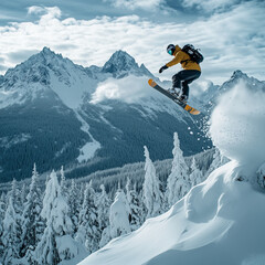 Snowboarding in the mountains: Flying over snowy peaks