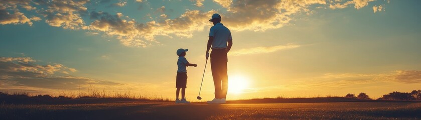 A heartwarming moment between a parent and child enjoying a sunset while playing golf, capturing joy and connection.