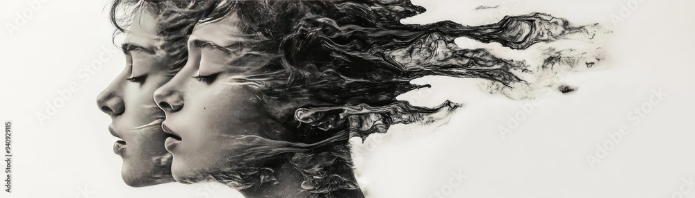 Aufkleber An artistic depiction of two profiles merging with flowing textures, symbolizing thoughts and emotions in motion.